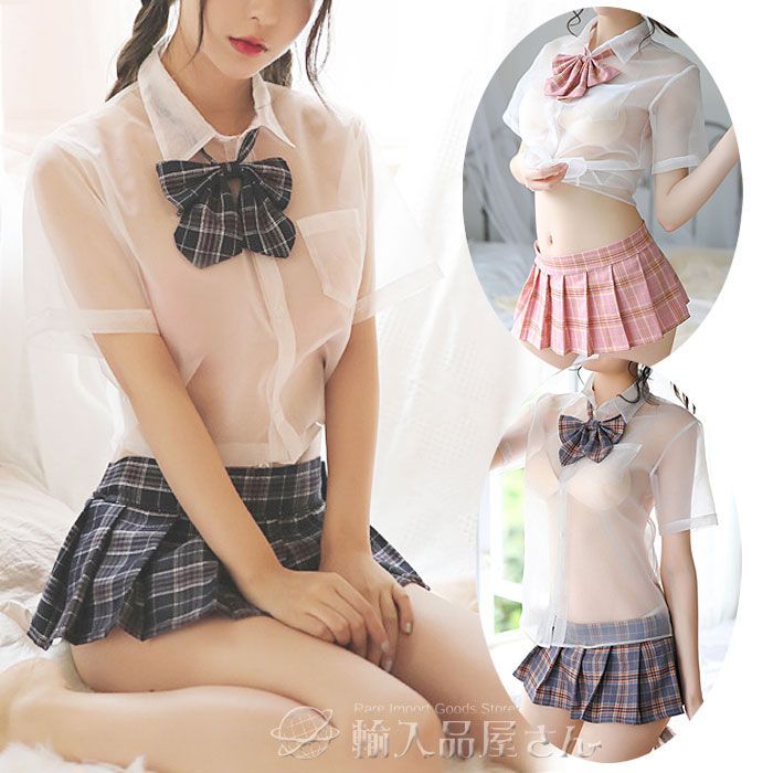 女子高生 制服 コスプレ セクシー コスチューム4点セット商品 ブレザー紺 半袖 シフォン スケスケ透けシースルー jk コス セーラー服  女子校生ミニスカ リボン チェック柄 コスプレ衣装ネイビー ピンク 大人レディース ハロウィン仮装☆2 - メルカリ