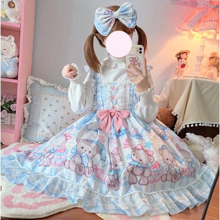 ロリータ ワンピース ジャンパースカート かわいい 膝丈 甘ロリ ゴスロリ ワンピース お姫様 フリル ロリータ服 Lolita レース リボン 裾フリル レディース コス