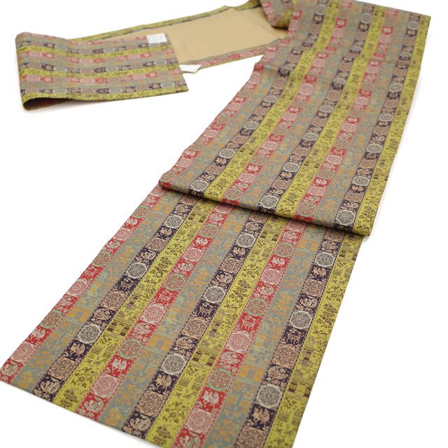 新古品】 龍村美術織物 開き仕立て 正絹 全通 京袋帯 たつむら 赤 黄