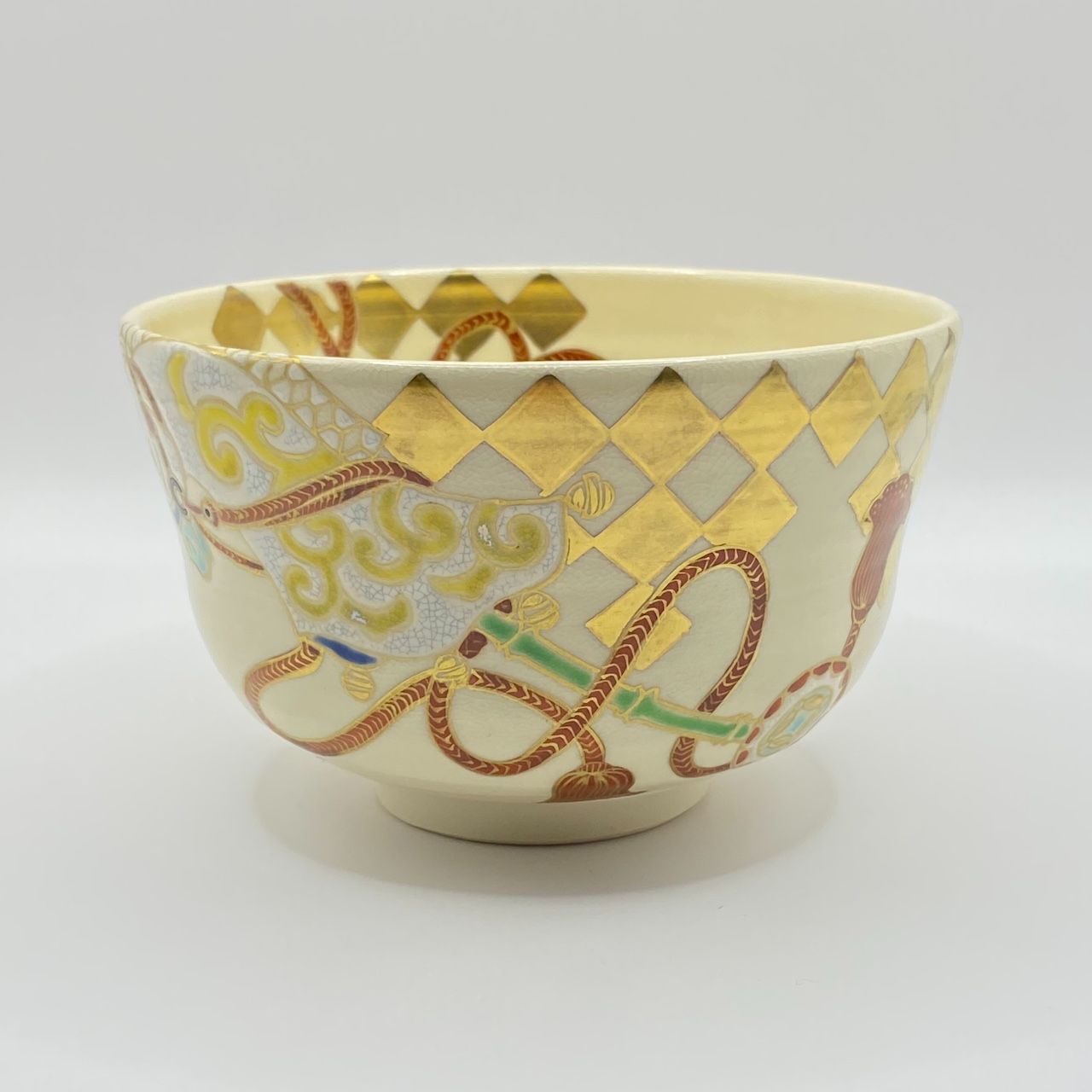 抹茶茶碗 仁清 駒車に市松 山川巌 共箱入 茶道具 茶器 茶盌 伝統