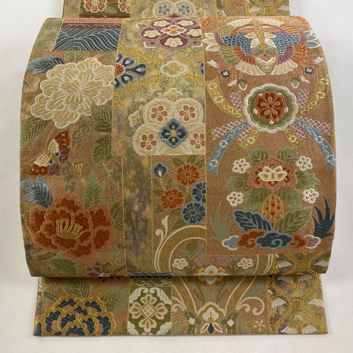 袋帯 秀品 向かい鳥 草花 金糸 箔 茶紫 六通 正絹