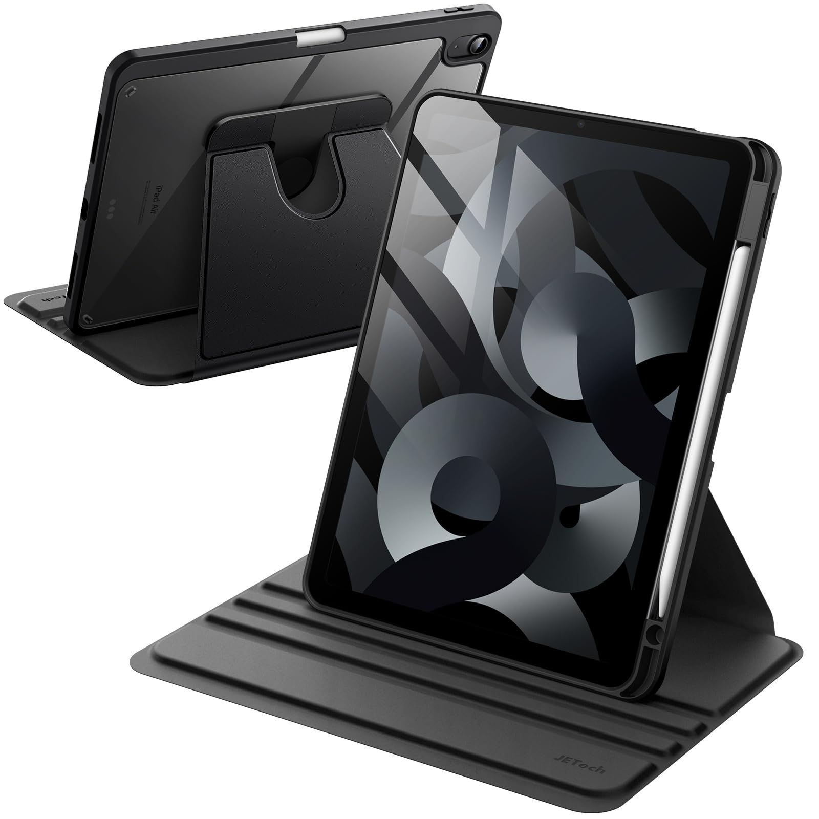 ブラック JEDirect 回転ケース iPad Air 11インチ M2 (2024)、iPad Air 5/4用 (2022/2020、第5/4世代、10.9インチ) Pencilホルダー付き 360回転保護 スタンドカバー クリアバック 自動ウェイク/