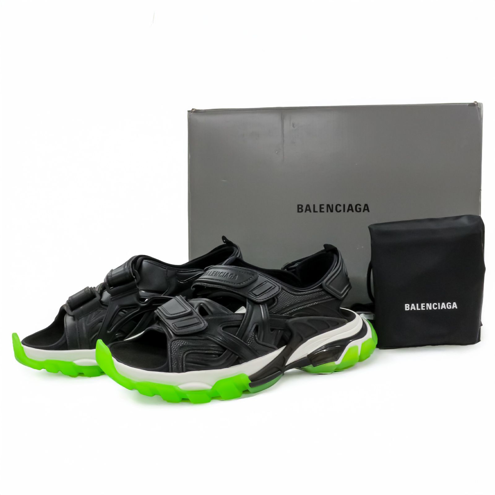 【未使用品】バレンシアガ BALENCIAGAトラック サンダル 42 27cm ベルクロストラップ ブラック×グリーン メンズ 靴