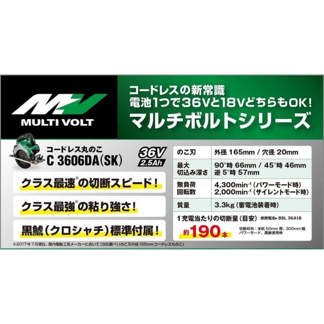 HiKOKI ハイコーキ 36V 165mm コードレス丸のこ アグレッシブグリーン C3606DA SK 2XPS