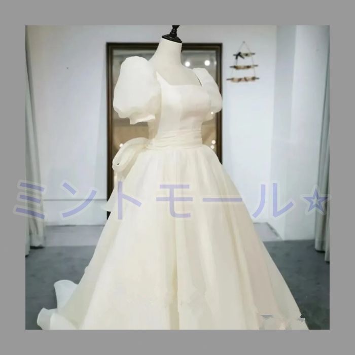 ウェディングドレス ロングドレス Aラインドレス パフスリーブ オーガンジー 半袖 二次会 結婚式 前撮り ブライダル 花嫁 ウエディ