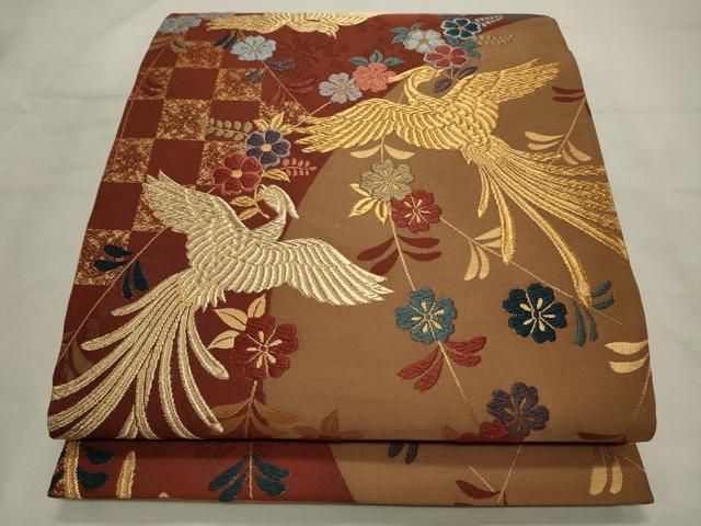 平和屋着物◎六通柄袋帯 唐織 鳳凰枝垂れ花文 金糸 正絹 逸品 未