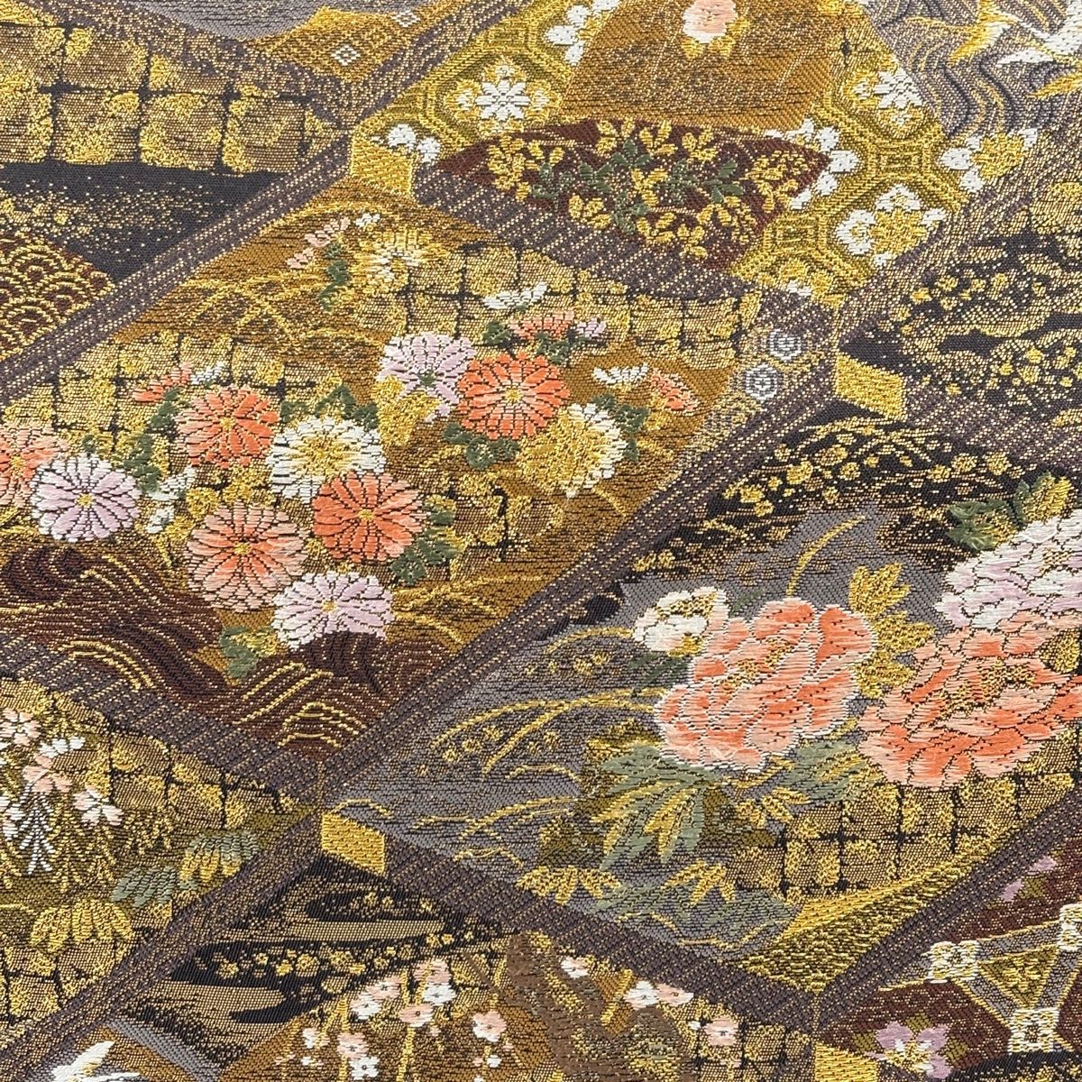 袋帯 美品 秀品 九百錦 精細織 やまと 花鳥 波 唐織 箔 黒 六通