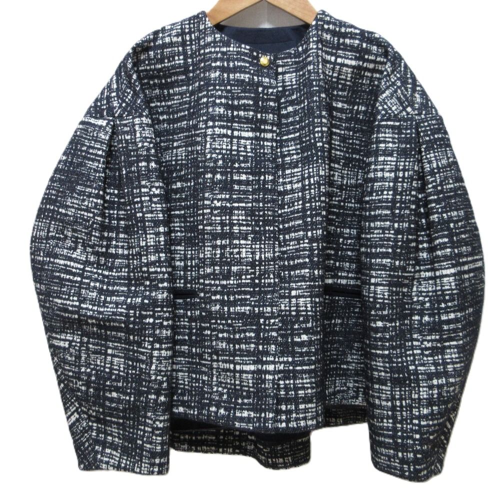 ドゥロワー ノーカラージャケット フリンジ付き ホワイト/ブラック