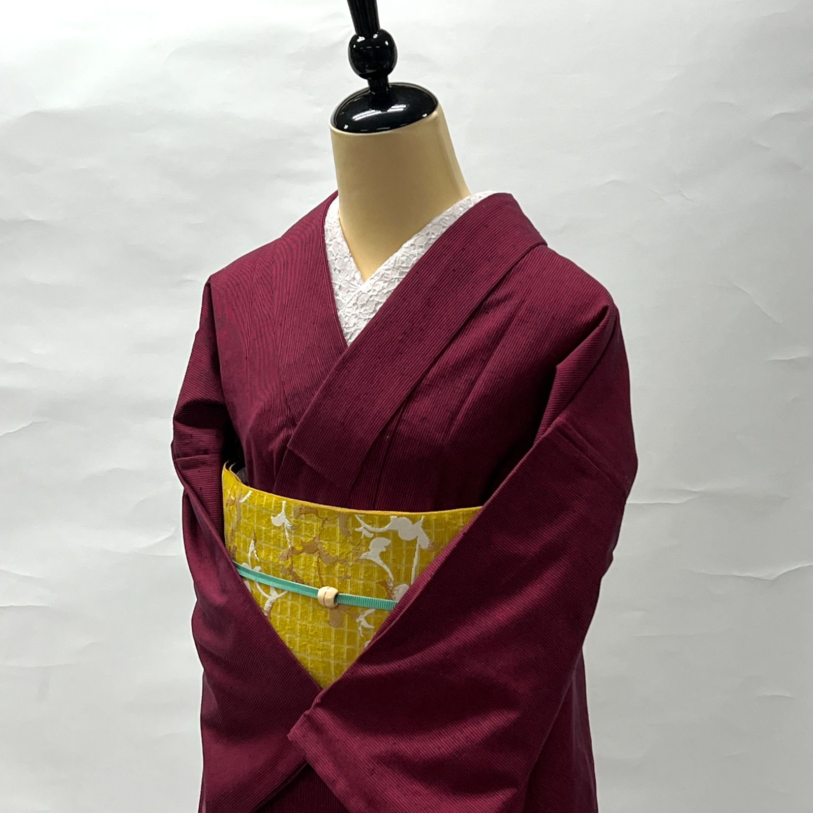 （中古品） レディース 秋冬 木綿 久留米織 着物 2点セット 木綿着物 赤 ストライプ 洗える着物 L 帯 リバーシブル帯 半幅帯 黄色 茶