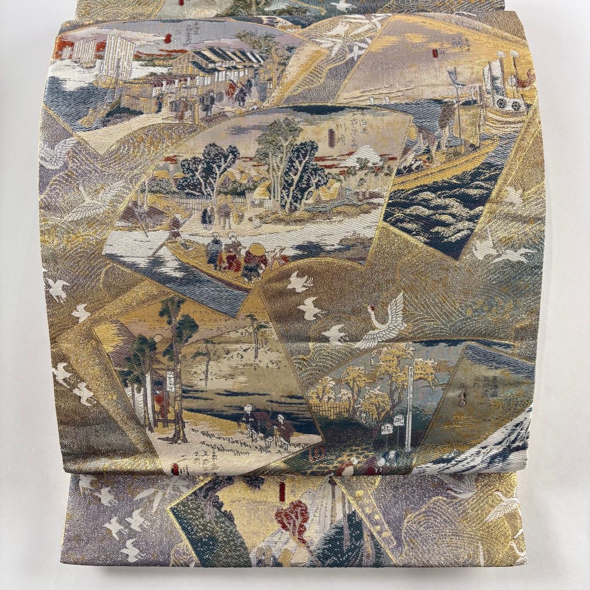 袋帯 美品 秀品 扇面 色紙 箔 金銀糸 灰紫 お太鼓柄 正絹 【中古
