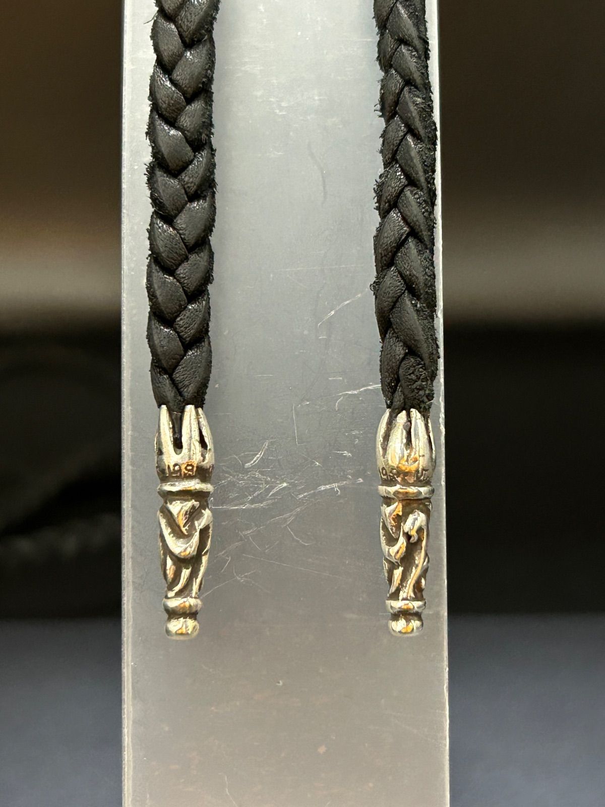 【正規品・RINKAN鑑定済】Chrome Hearts クロムハーツ LEATHER BRAID／スクロールレザーブレード ネックレス（ブラック×シルバー／14.416g）
