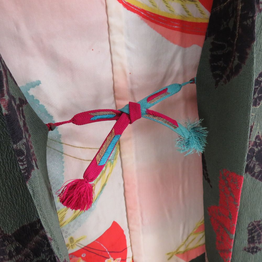 羽織 アンティーク 絞り 長羽織 紅葉文様 正絹 緑色 レトロモダン 羽織