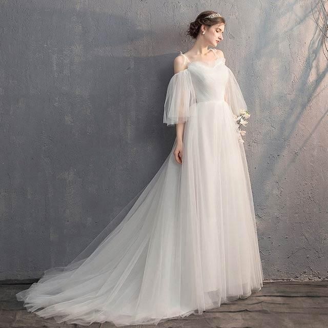 オフショルター ウェディングドレス マキシ丈 Aライン 結婚式ドレス 白 編み上げ 大きいサイズ 花嫁ドレス 二次会|忘年会|披露宴 パーティ