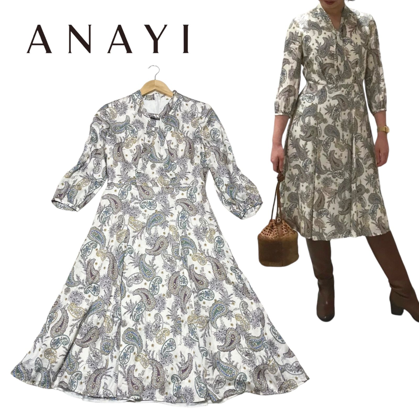 ANAYI アナイ ペイズリープリント ボウタイワンピース 38 サテン ANAYI ワンピース トリアセサテンボウタイフレア : ZOZOTOWN