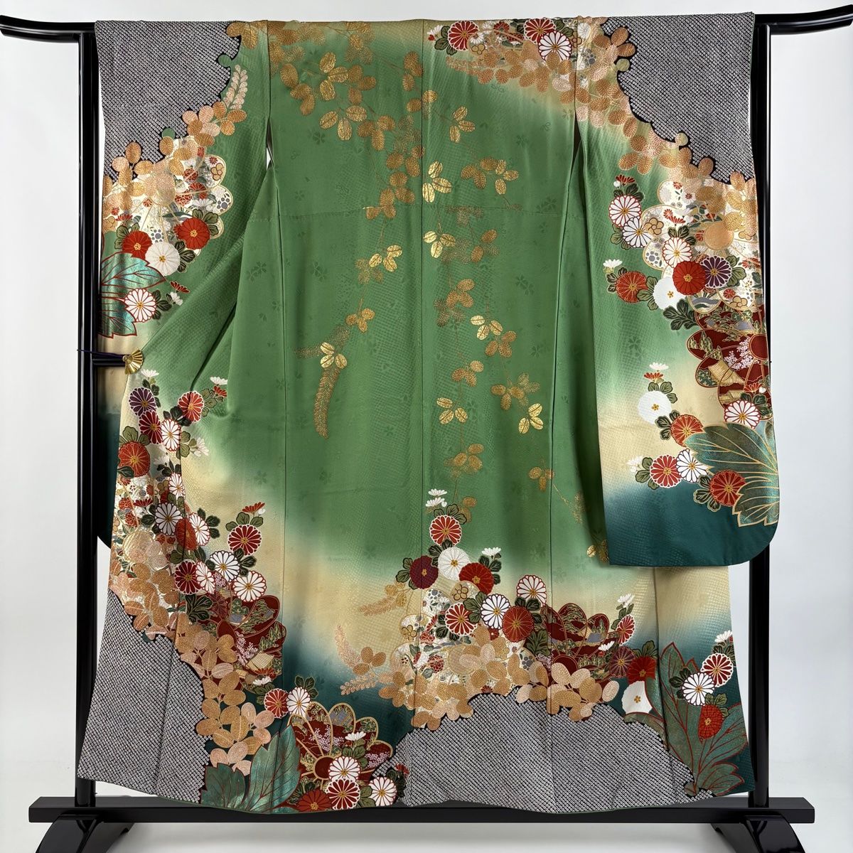 振袖 身丈155.5cm 裄丈62cm S 袷 菊 萩 金銀彩 ぼかし よもぎ色 正絹