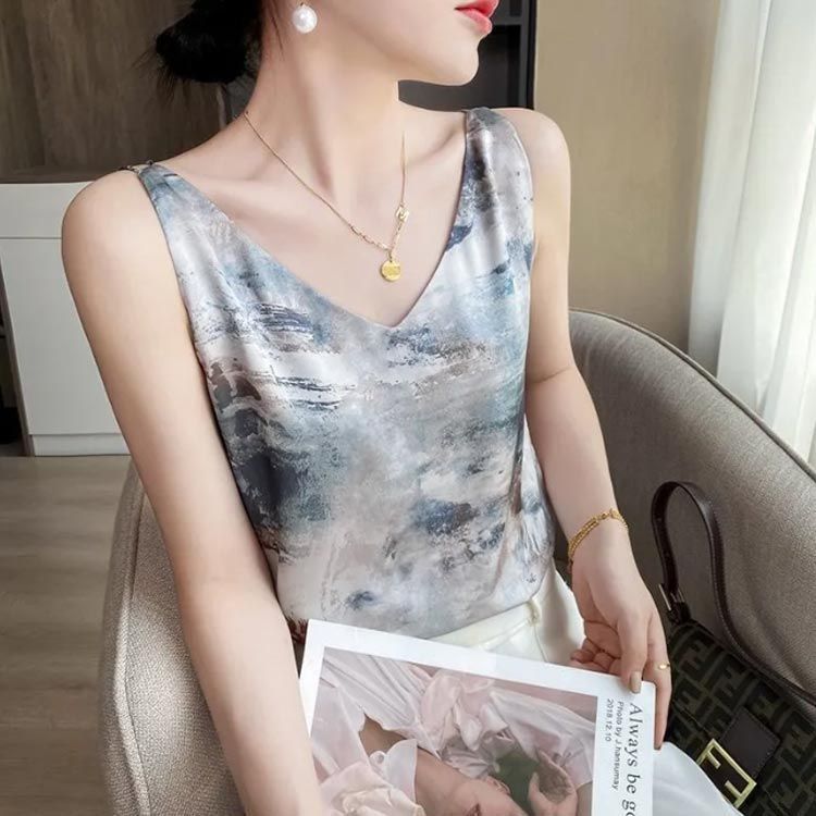 タイダイ染め ゆったり シルクインナー ストレッチ タンクトップ シルク ノースリーブ タイダイ染め トップス Vネック レディース おしゃれ S M L XL 2XL dkhsh591225