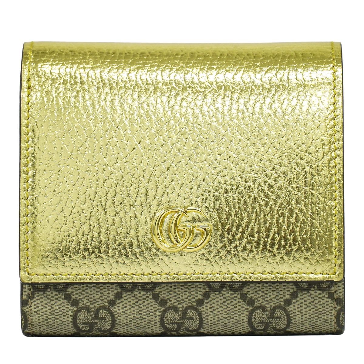 本物 グッチ GUCCI GGマーモント GGスプリーム レザー 二つ折り 折財布 コンパクトウォレット ベージュ ゴールド 598587 財布 ウォレット フォロー割