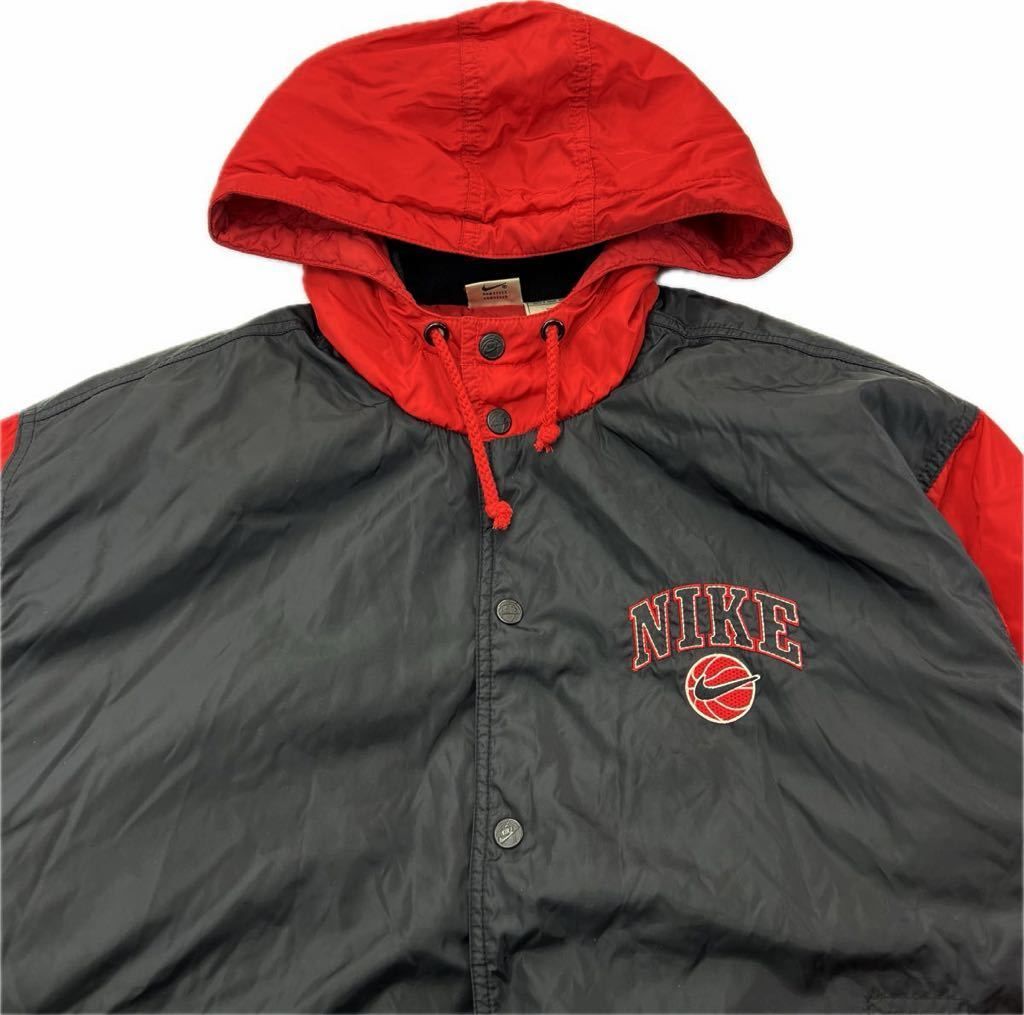 90s ☆ NIKE 中綿 ジャケット パーカー レッド ブラック M ビッグシルエット ストリート スポーツ 古着 人気 ヴィンテージ ナイキ■DE274 90s ☆ NIKE 中綿 ジャケット パーカー レッド ブラック M ビッグ