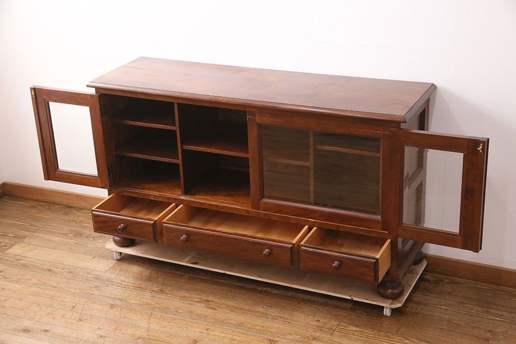 民芸調家具　サイドボード ミヤグチ企販 キャビネット 民芸調 格子デザイン 引き戸収納 幅