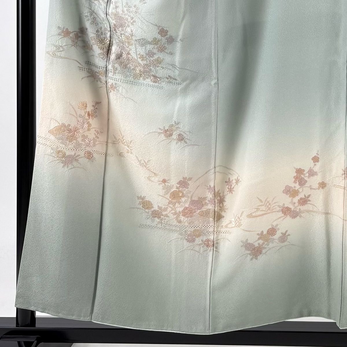 訪問着 身丈160.5cm 裄丈68cm L 袷 草花 波 金彩 ぼかし 緑 正絹 秀品