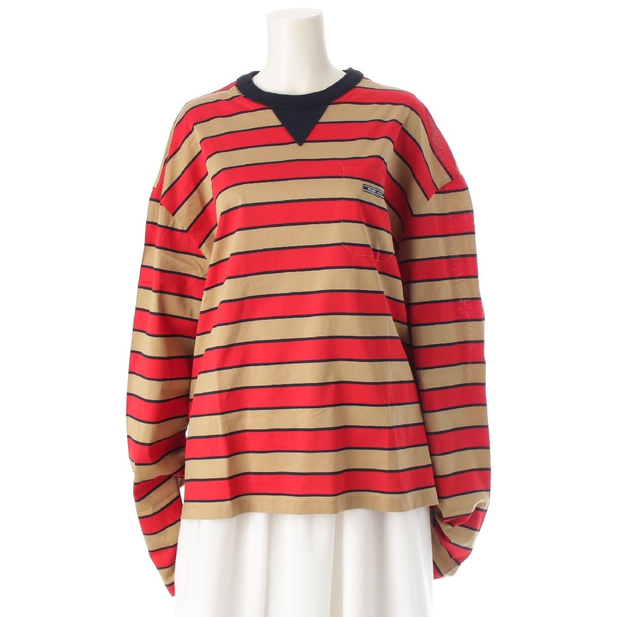 プラダ 24年 コットン ロゴ ストライプ ライル ロングTシャツ ロンT 長袖Ｔシャツ トップス 39604 キャメル レッド 40【中古】 プラダ 24年 コットン ロゴ ストライプ ライル ロングTシャツ ロンT