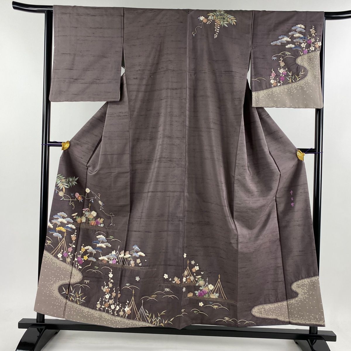 訪問着 正絹 染紬 金彩 風景文様 桜 松 連山 身丈158cm 裄丈65cm