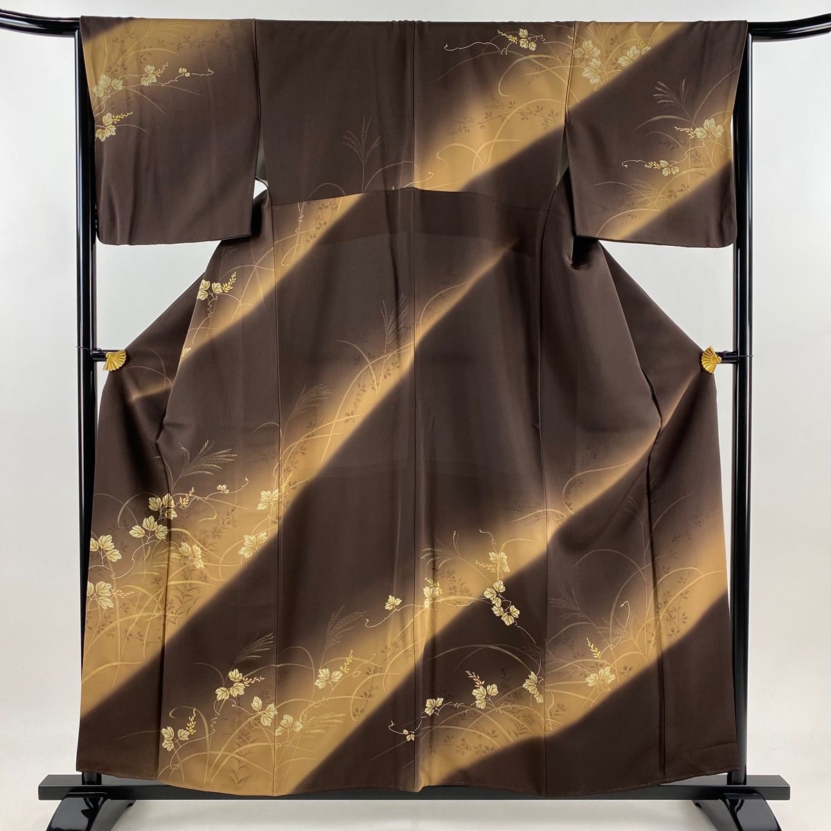 訪問着 身丈157cm 裄丈65.5cm M 袷 蔦 ススキ 金糸 金彩 焦茶色 正絹 秀品