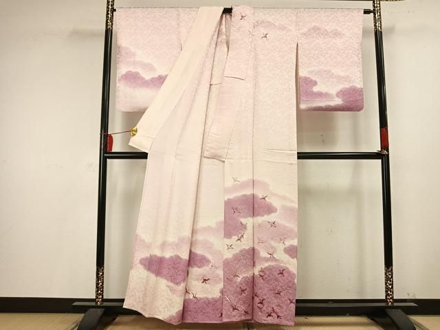 平和屋着物▽訪問着 本塩沢 単衣 作家物 手描き 流水枝葉文