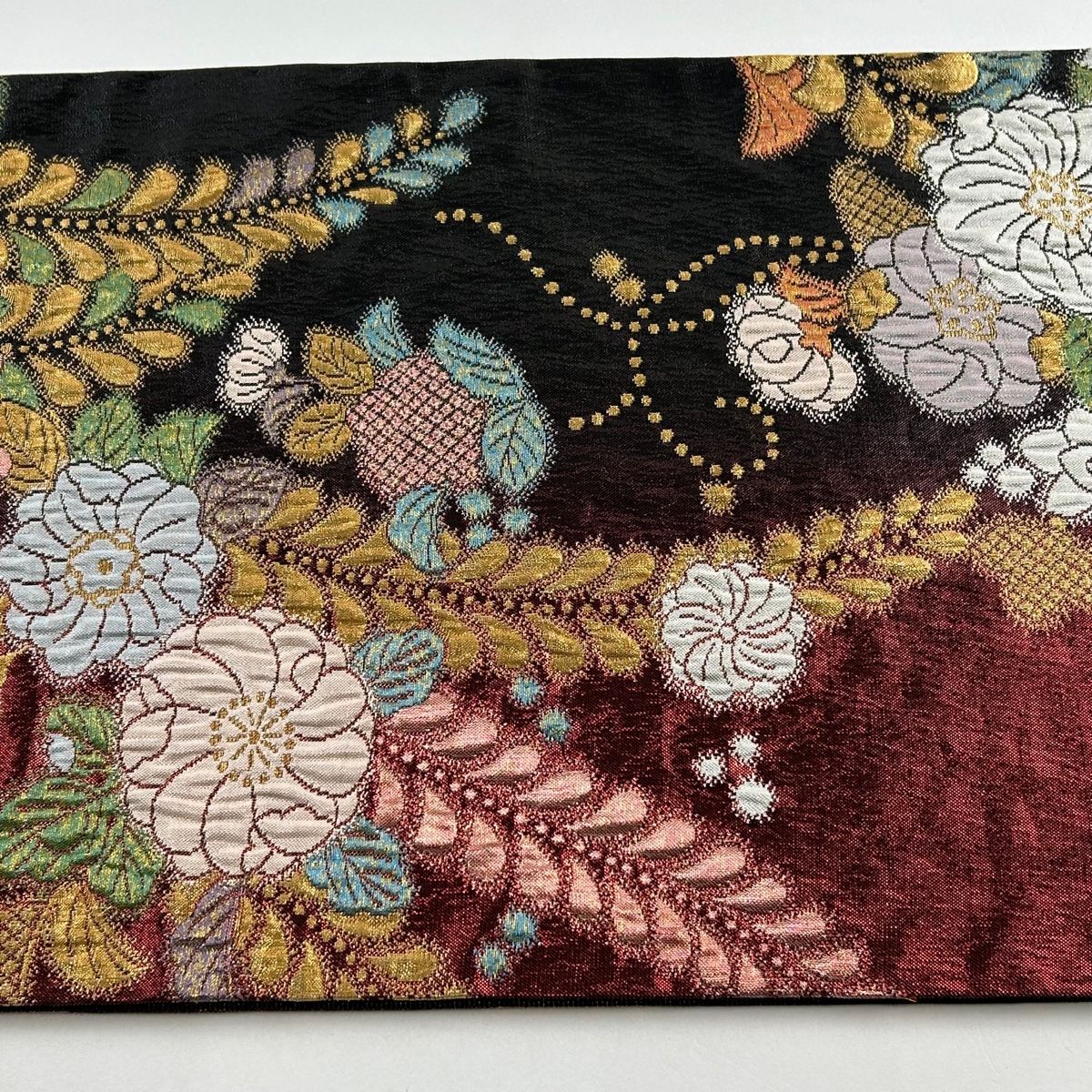 袋帯 美品 秀品 辻が花柄 箔 金糸 赤黒 六通 正絹 【中古