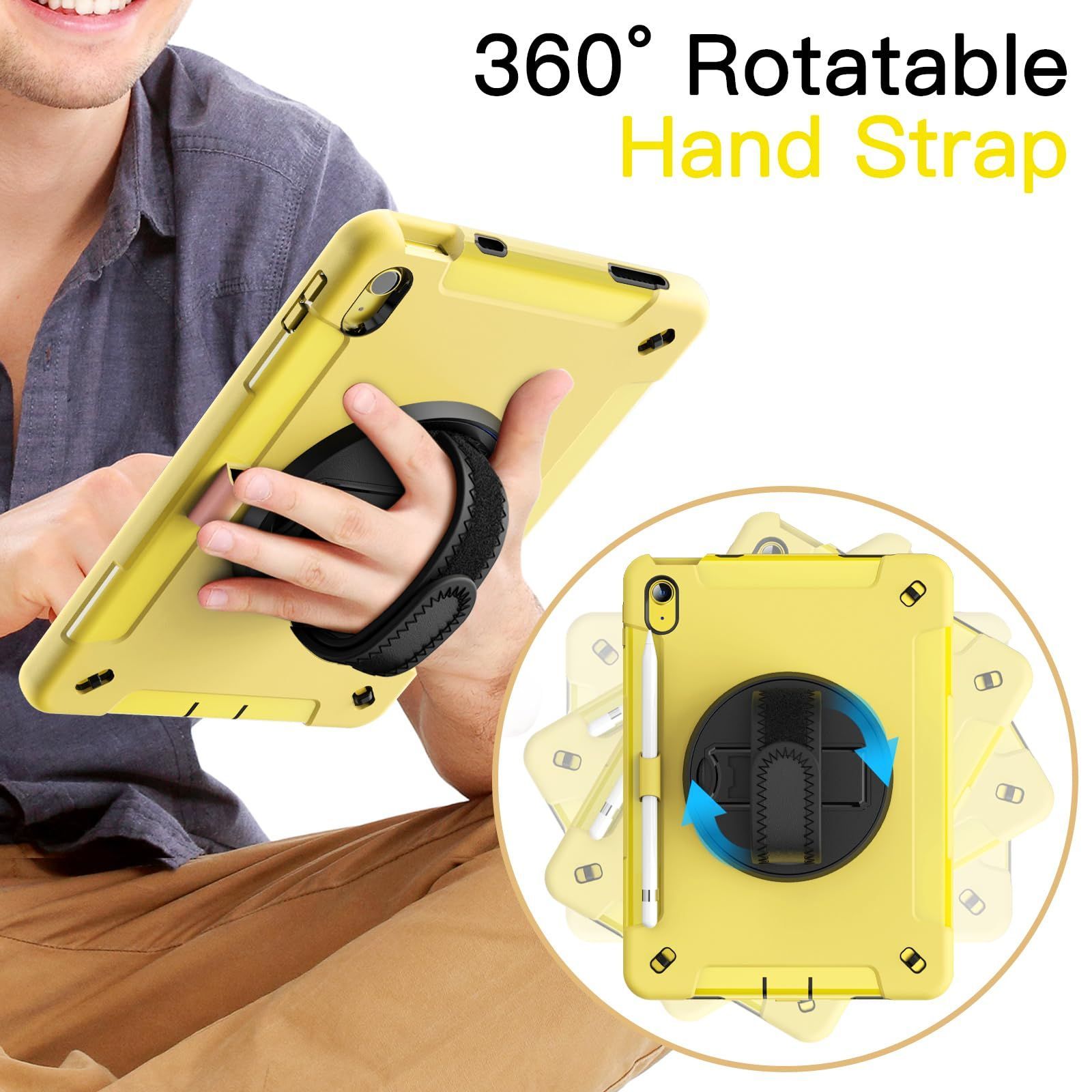 保護耐衝撃頑丈なタブレットカバー 第11 10世代 2025 用液晶保護フィルム付き 360度回転ハンドストラップスタンド iPad A 16 ケース イエロー JETech
