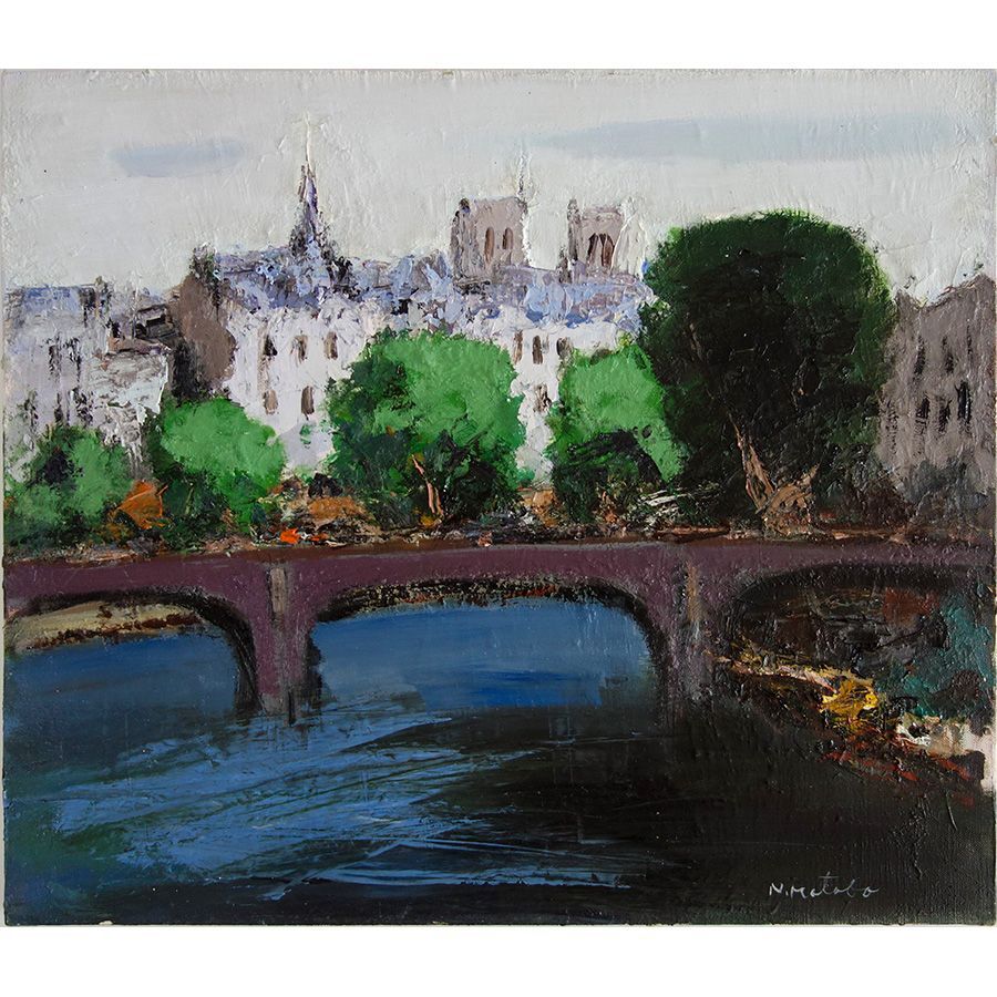 油彩画 的場信治 「セーヌ」 F10号 額入り 油絵 風景画 額装絵画 手描き