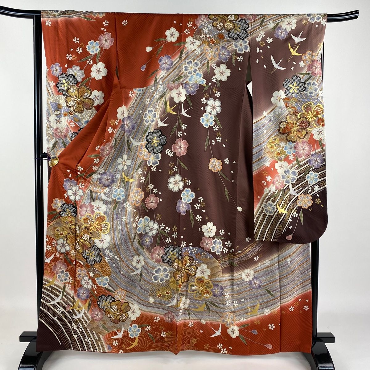 振袖 身丈166cm 裄丈65.5cm M 袷 桜 波 金糸 金彩 茜色 正絹 美品 名品 【中古】 - メルカリ