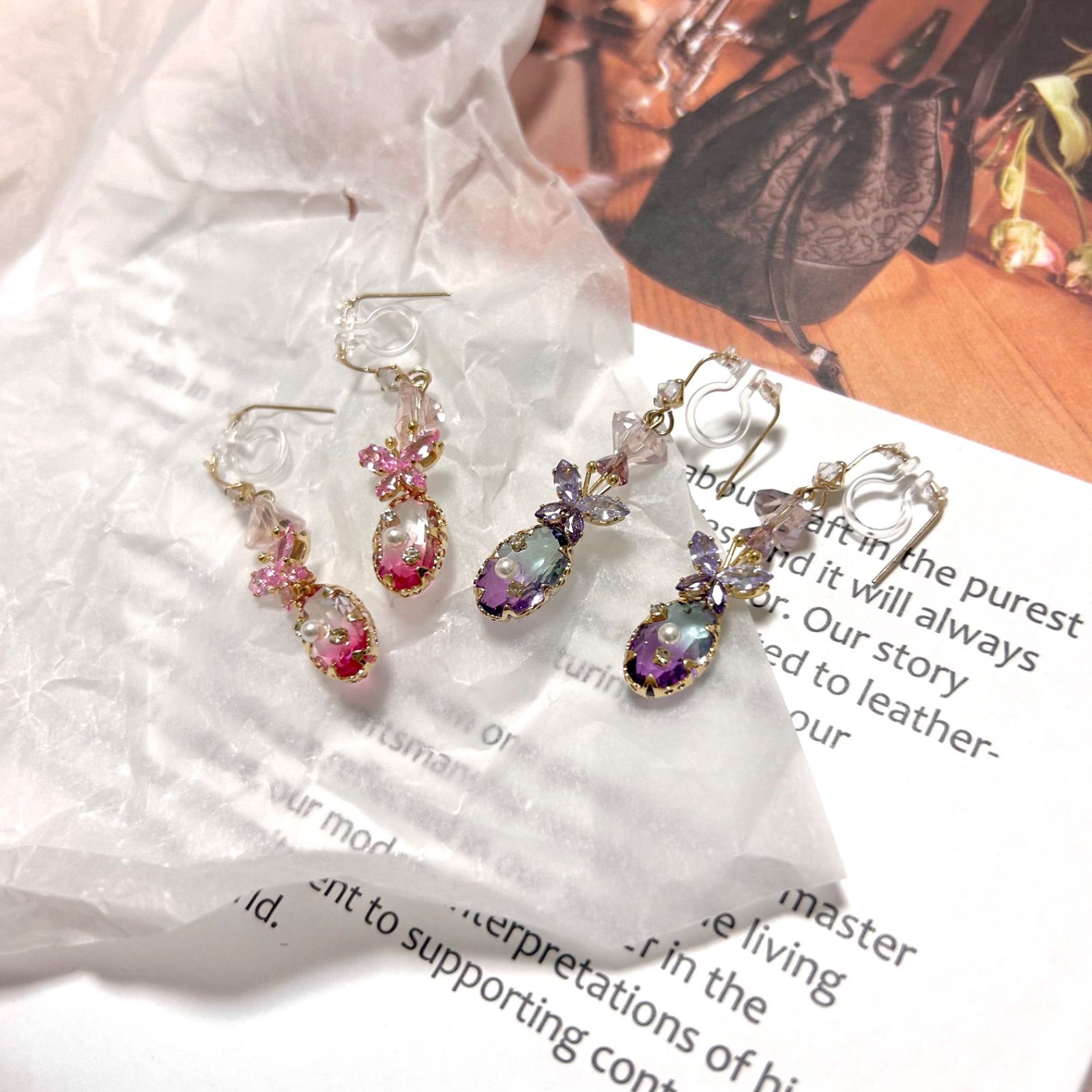 purple ◇ K18gp◇ butterfly bijou earring 蝶々 バタフライ ビジュー 