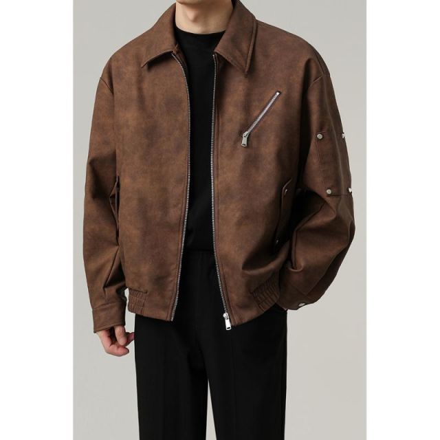 秋冬 コーデ メンズ  服 シンプル ファッション オシャレ 大人 かっこいい 大きいサイズ ストリート 紳士服 カジュアル ジャケット アウター PU エコ レザー ジャケット アウター アメリカン 