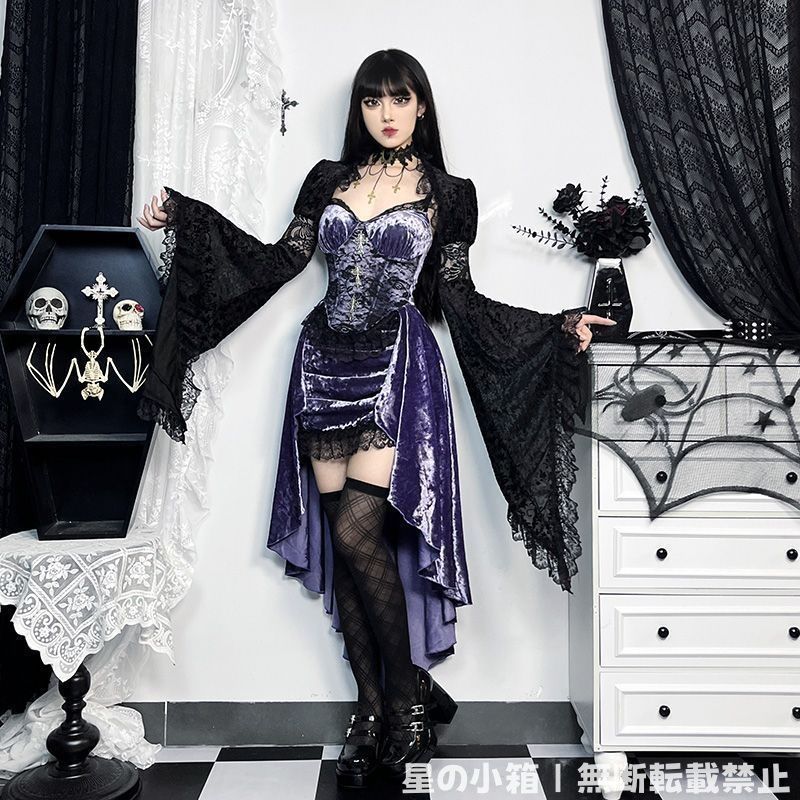 新品未使用 ゴシック復古風 ベルベットキャミソール ドレス 女性用 ハロウィンコスプレ 衣装 レース切り替え タイトロングドレス ドラマチック バックテールデザイン 高品質 優雅で華やか
