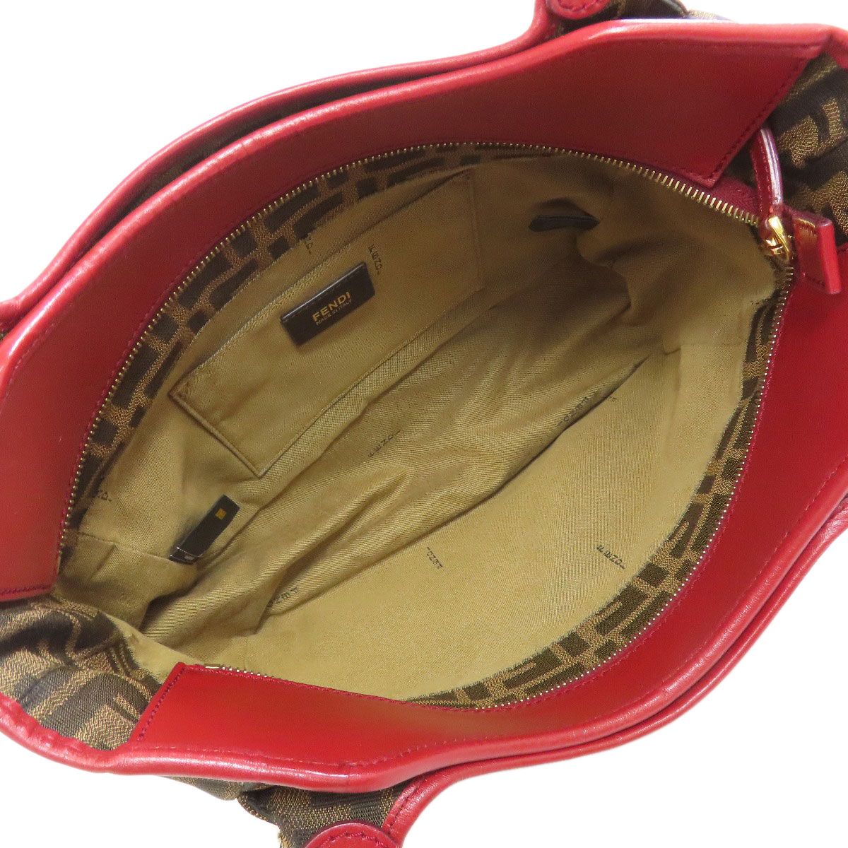 FENDI ズッカ柄 トートバッグ ハンドバッグ キャンバス×レザー ベージュ×ブラウン ゴールド色プレート 仕切り ★中古美品 AE15478 FENDI フェンディ ズッカ柄 トートバッグ キャンバス×レザー