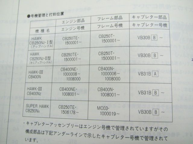 ホーク スーパーホーク ホークⅢ パーツリスト 4版 CB250T CB400N MC03