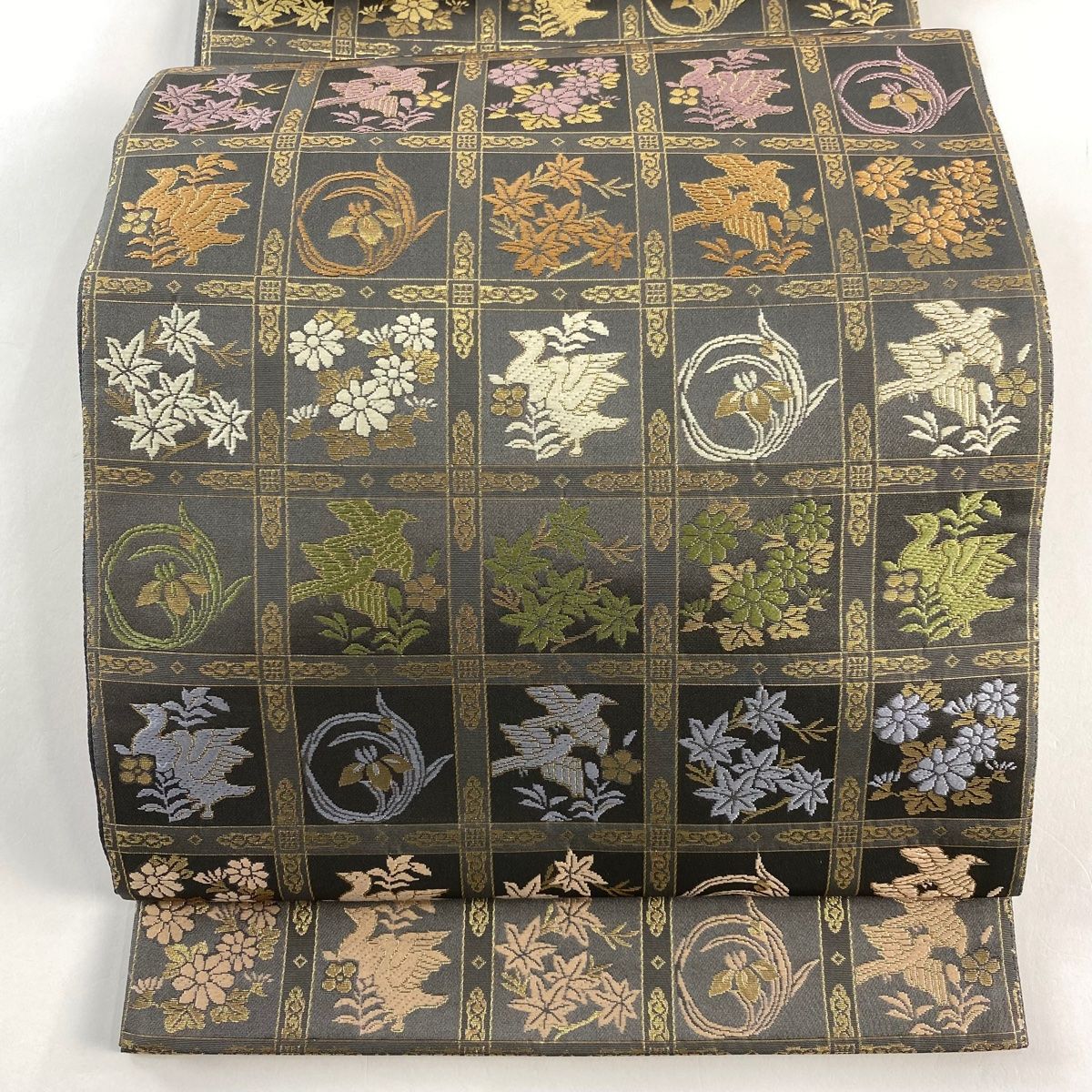 美品】 袋帯 名品 新小石丸 格子 花鳥 箔 灰色 六通 正絹 【中古