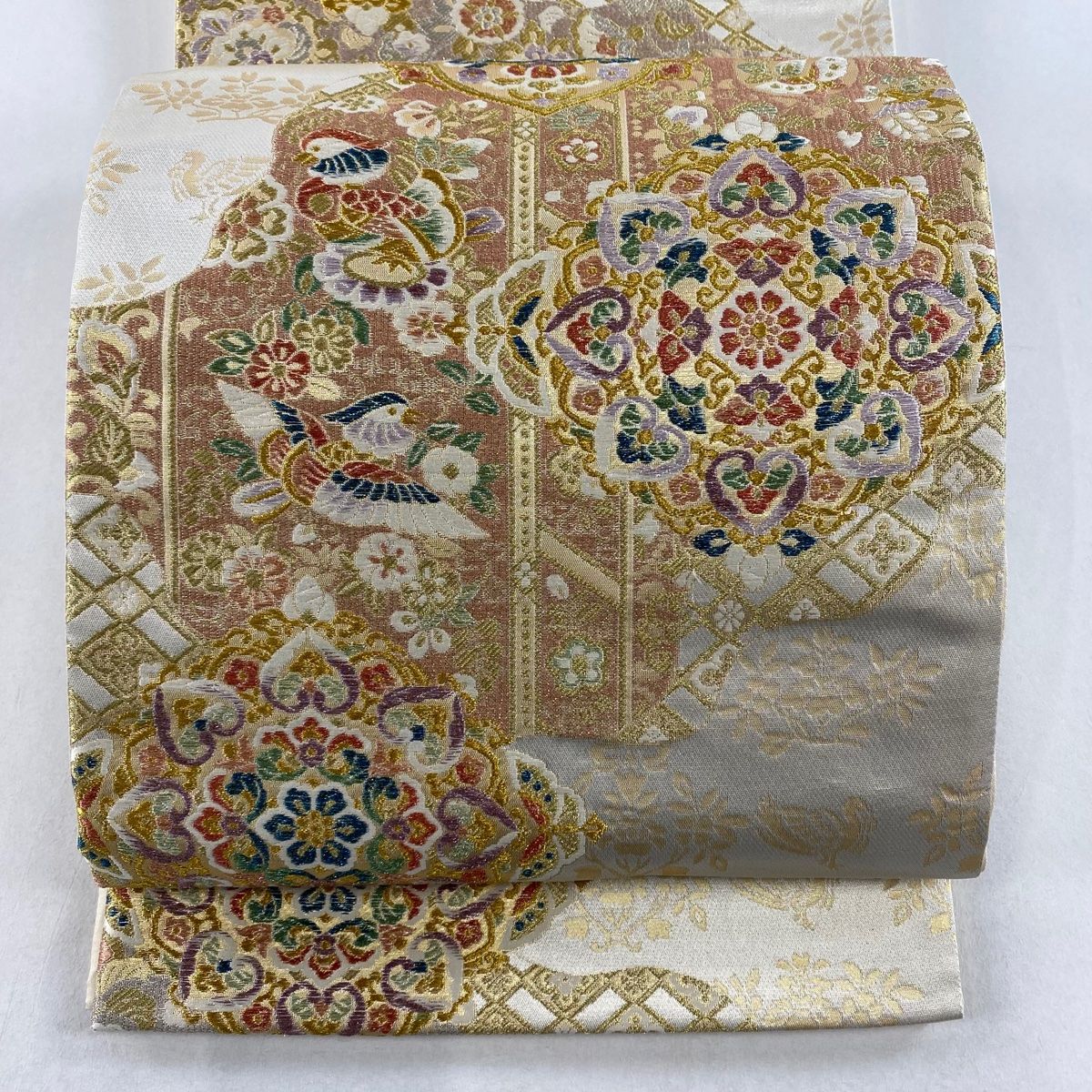 袋帯 美品 秀品 華文 花鳥 金銀糸 箔 ベージュ 六通 正絹 【中古 袋帯 美品 秀品 華文 花鳥 金銀糸 箔 ベージュ 六通 正絹 【中古