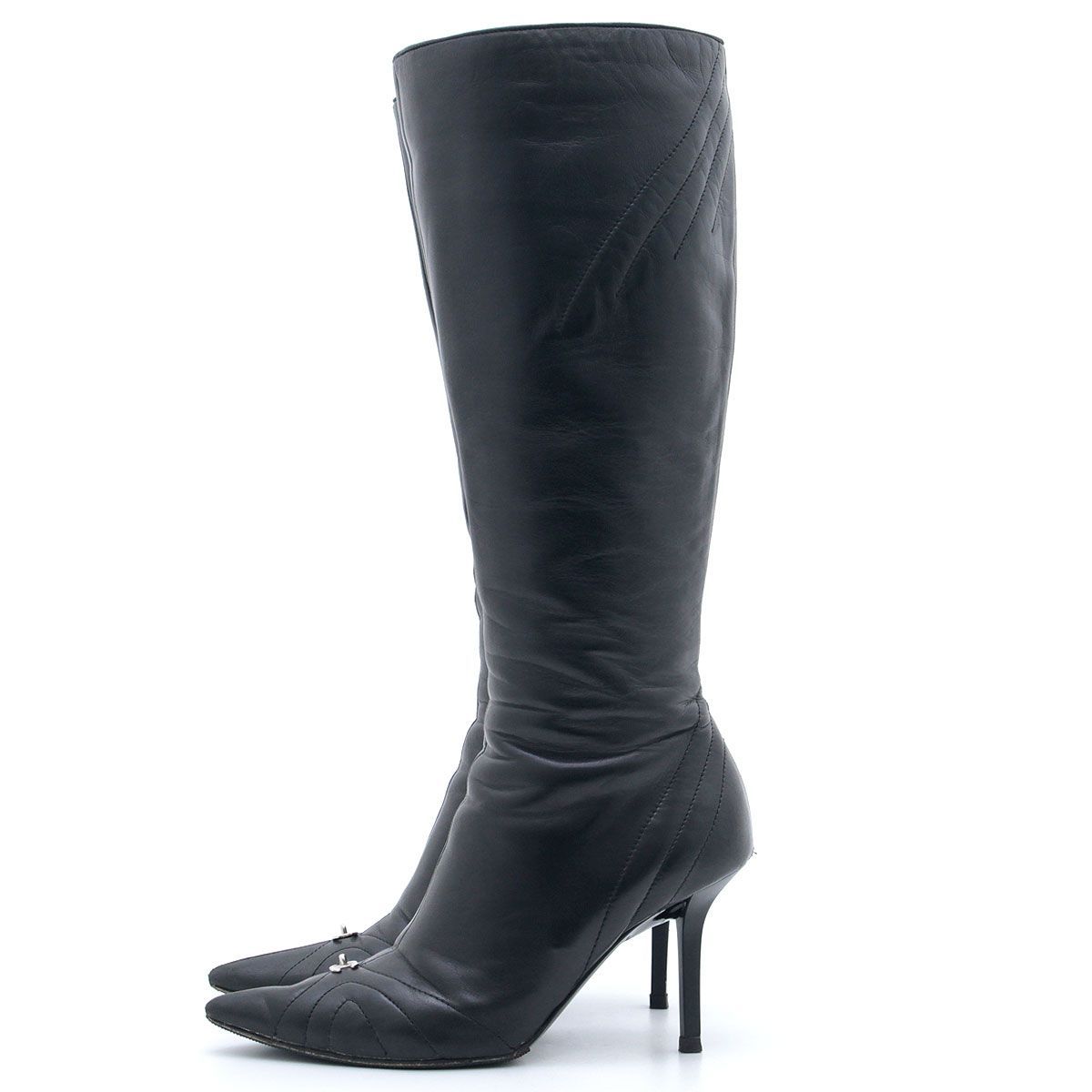 シャネル CHANEL ブーツ ポインテッドトゥ サイドジップ ロングブーツ ブラック レザー ココマーク ロックモチーフ G24085 37 1 2C 約24cm〜24.5cm シルバー金具 黒 レディース 靴