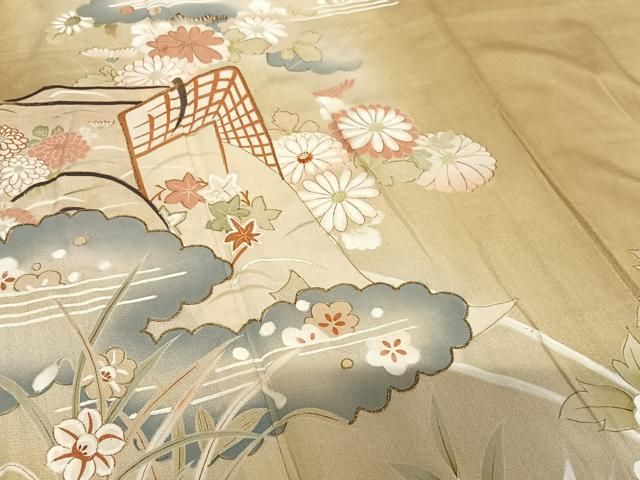 平和屋着物○アンティーク 大正ロマン 小振袖 二尺袖 駒刺繍 御所車花