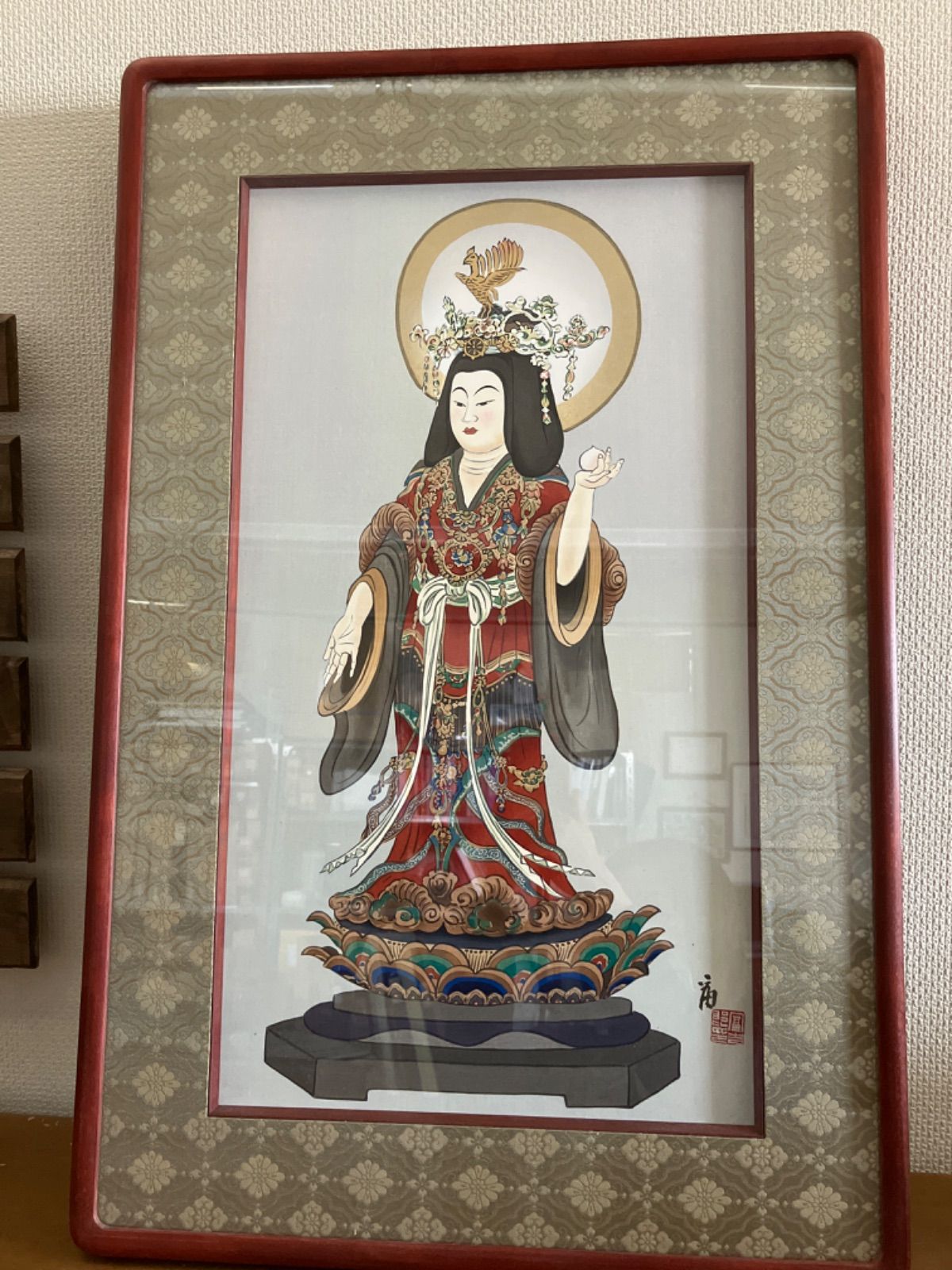 ○『紫の富士』○がんどうあつし絵画油絵F3号ホワイト額縁付○モーヴ