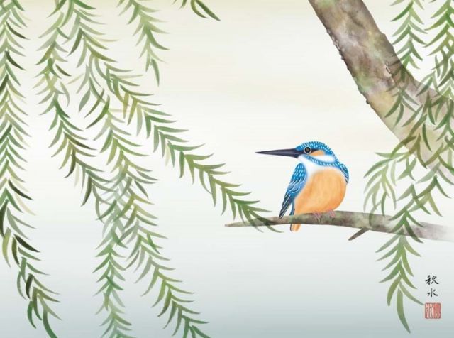 種類1：f4 額絵 浮田秋水 柳に翡翠 f8・f6・f4サイズ 現代日本