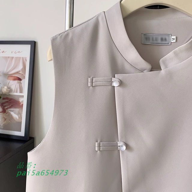  ベスト レディース 前開き ミドル丈 チャイナ風 トップス チャイナボタン ノースリーブ 羽織り ジャケット 秋 シンプル 春 pai 5 a 654973 ビスチェ ベスト ジレ ビスチェ