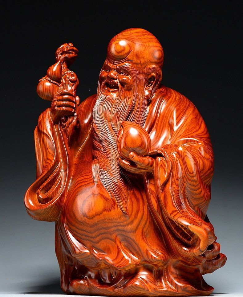 木製 福の神 彫刻 赤いクッション付き ☆木彫仏像 七福神 置物 福禄寿 木像 木製フィギュア 黄花梨