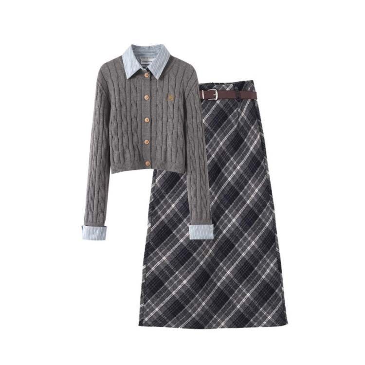 セットアップ スカートセット セーターセット 送料無料 学院風 ケーブル編み チェック柄 ニットトップス 長袖 通学 学生 プルオーバー ロングスカート jk風 重ね着風 送料無料 折り襟 Aラインス conne599598