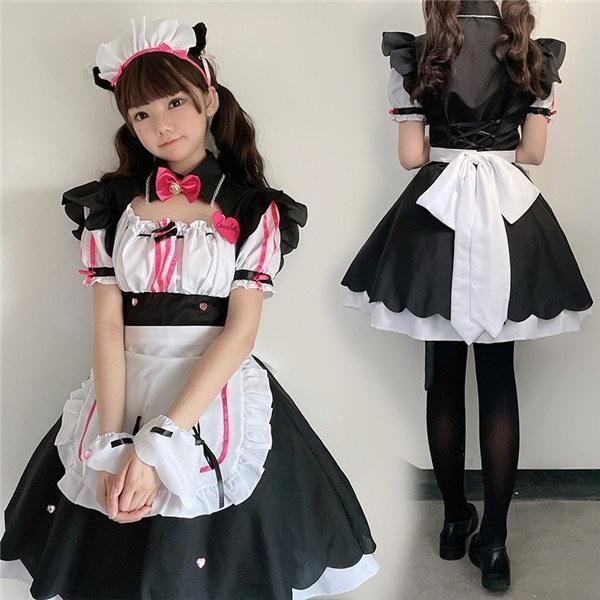 コスプレ衣装 メイド服 レディース 5点セット ワンピース フロントカットアウト 半袖 ハロウィン衣装 ウェイトレス ハロウィーン ゴスロリ