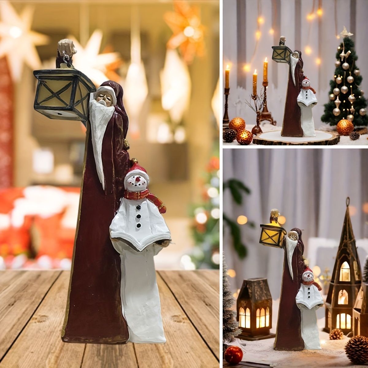 クリスマス オブジェ 置物 ランタンを持っているサンタと雪だるま