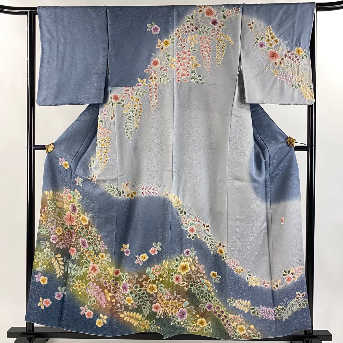訪問着 身丈157.5cm 裄丈64.5cm M 袷 翠山工房 落款 辻が花 梅 銀通し 金彩 青灰色 正絹