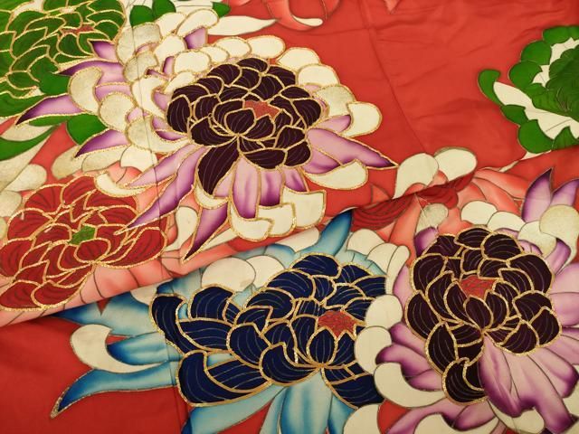 振袖 豪華 金箔 金駒刺繍 亀甲 七宝 鶴 正絹 広衿 袷 着物 AK-3025 平和屋着物○豪華振袖 駒刺繍 菊 金彩 ロング丈 正絹 逸品